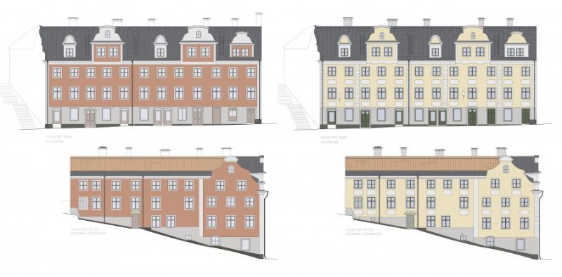 FASADRENOVERINGEN Den föregående fasadrenoveringen utfördes 1959. Fasaderna mot Klevgränd och Katarina kyrkobacke putsades då med en röd spritputs. Putsbruket var ett kalkcementbruk och genomfärgat med järnoxid (typ Falu rödfärg). Pigmentmängden var mycket stor för att erhålla den djupröda kulören. Detta bidrog till att bruket blev svagt. Efter drygt femtio år var fasadputsen uttjänt. Delar hade eroderat bort, större ytor var förgipsade och det röda pigmentet hade runnit ned på fönsteromfattningar och sockel. Putsbruket på sockelvåningen mot Klevgränd är var med kalkputs och har klarat sig mycket bättre än fasadputsen. Inför den nu genomförda renoveringen togs beslutet att befintlig puts skulle knackas ned och att fasaderna skulle putsas om med en äkta kalkputs och därefter avfärgas med järnvitriol. Putsarbetet utfördes av Tremans Fasad AB från Hedemora.
